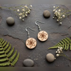 Ohrringe / Ohrhänger mit Blüten Motiv, Einlage aus Holz, Aufhänger Edelstahl, Ø ca. 12mm