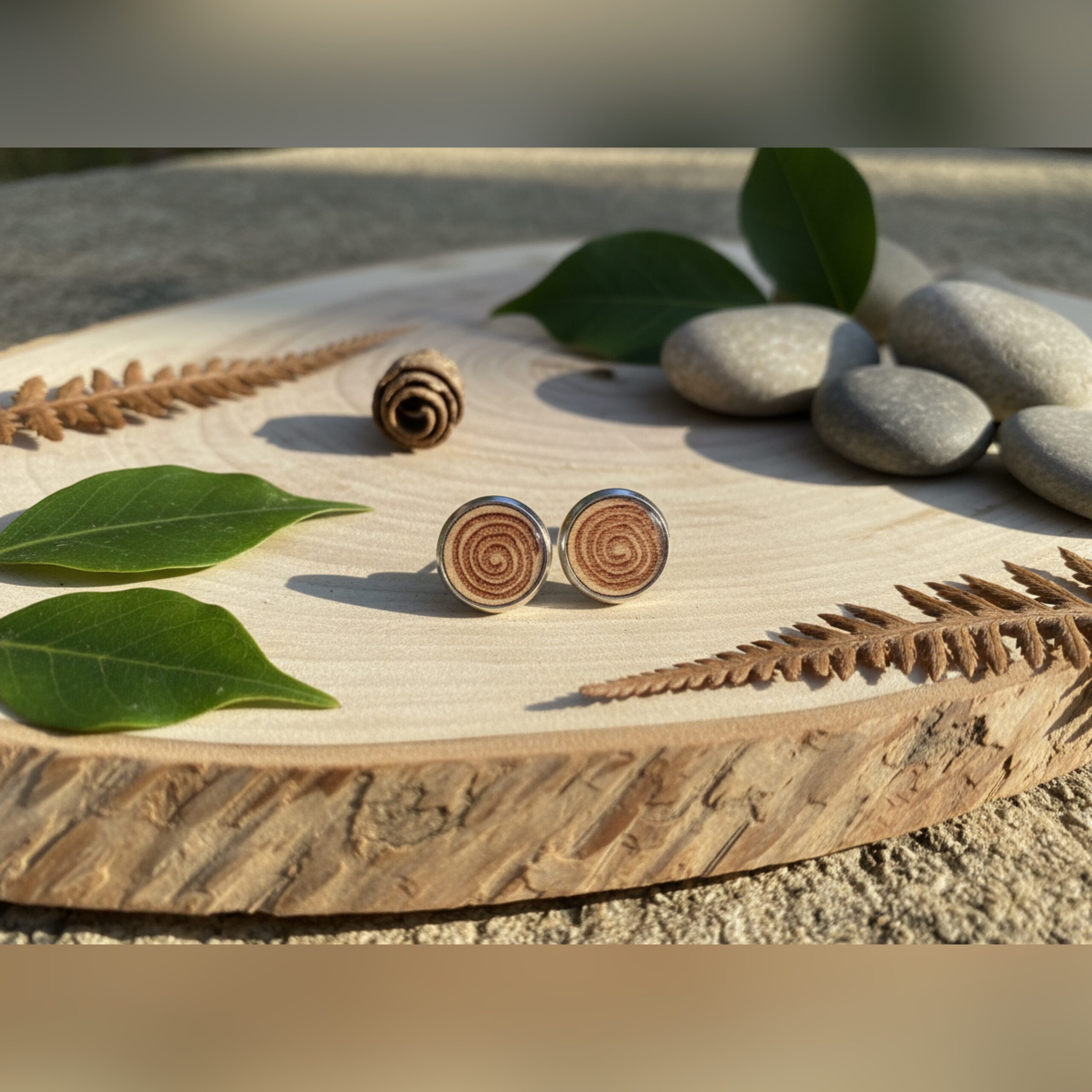 Ohrstecker Motiv Wirbel aus Holz , Stecker in Edelstahl, Ø ca. 12mm