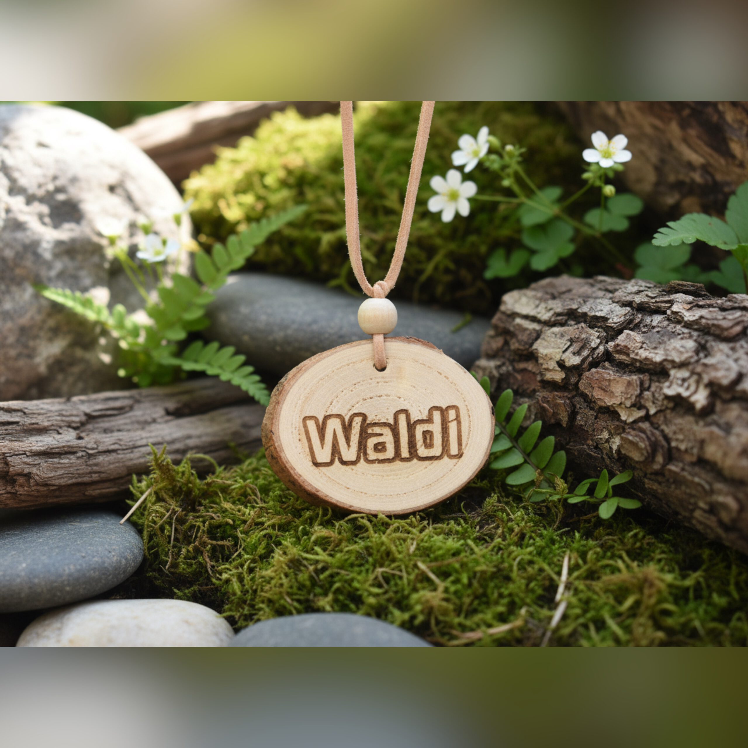 Halskette mit "Waldi" Gravur in Waldorfschrift auf Holzscheibe mit Velourband